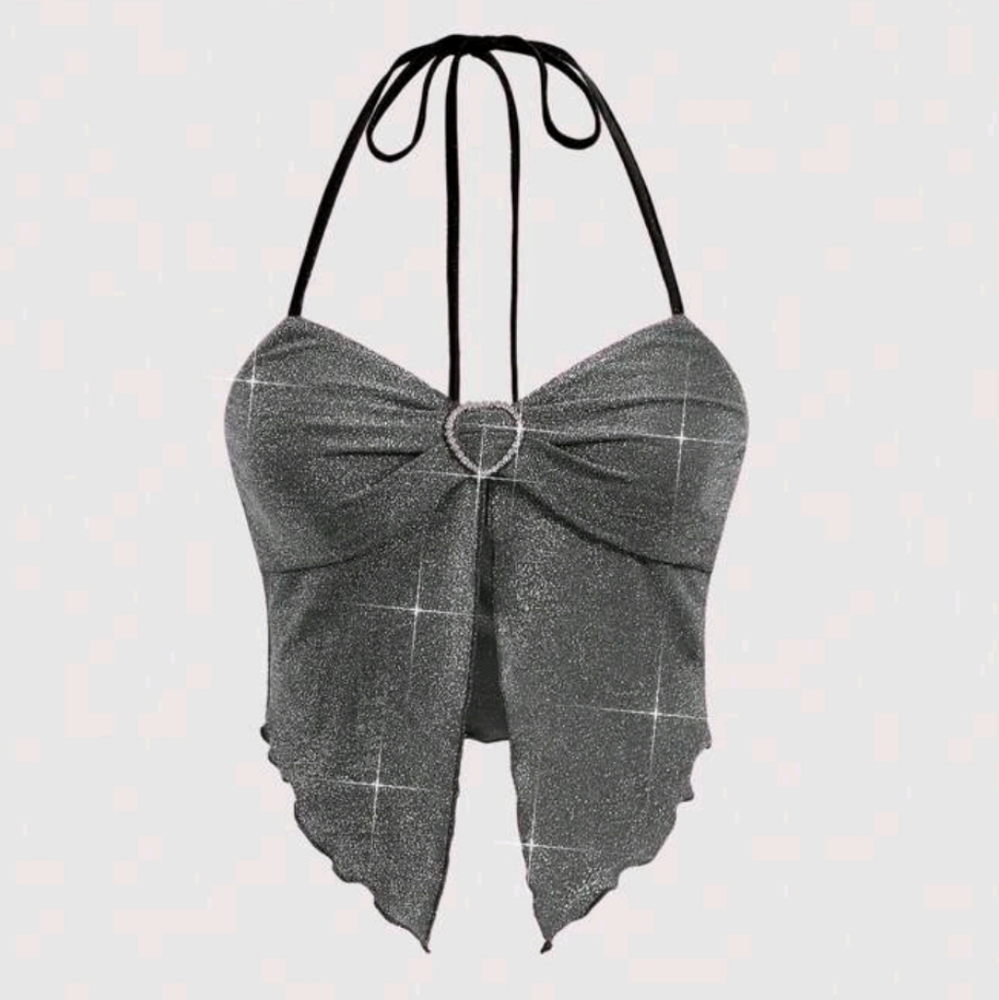 Gray Silver Split Front Halter Top W/Rhinestone Heart Bust Cinching Detail (L)